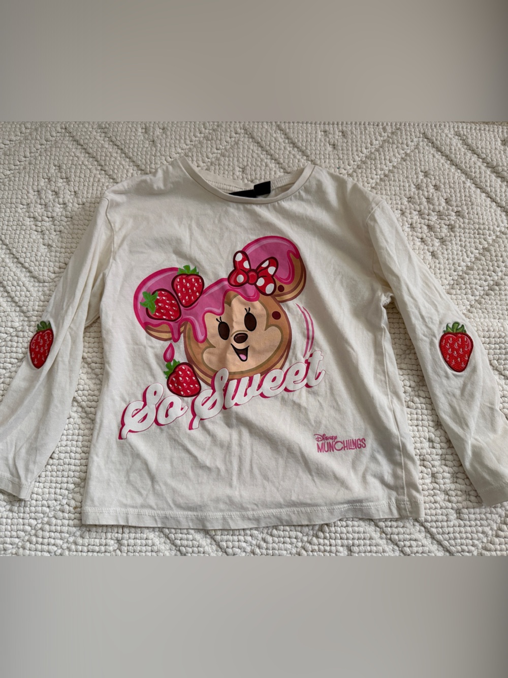 Primark White Long Sleeve Tee with Pink & Red Minnie Strawberry Graphic